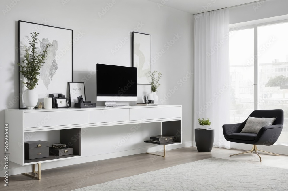 Fototapeta premium Minimalist living room with white walls black armchair and large window