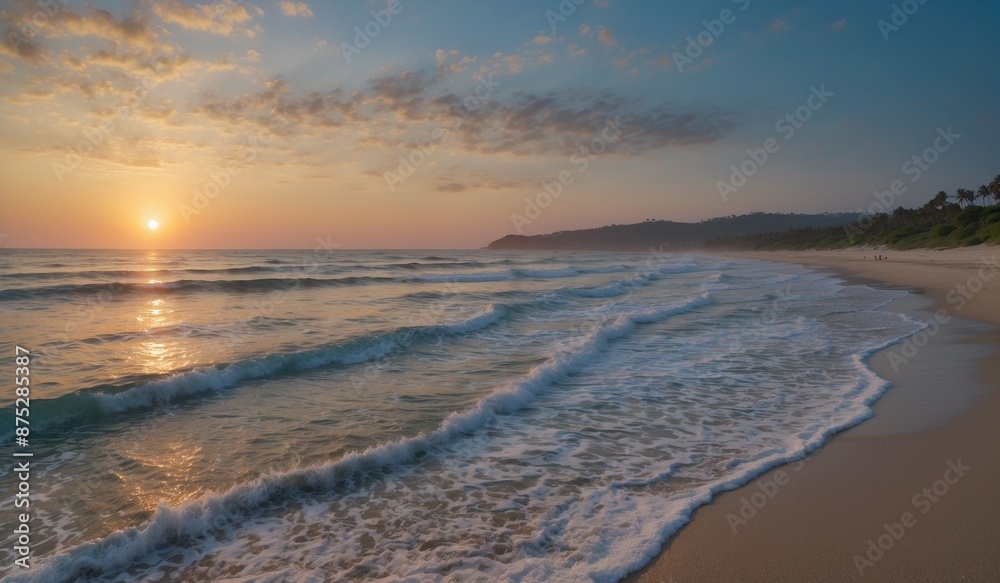 Fototapeta premium Sunset view over ocean waves washing onto sandy beach