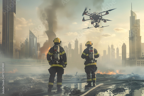 Emergency response team of futuristic firefighters using drones to assess a chemical spill. Advanced hazard detection technology. Neutral-toned background.
