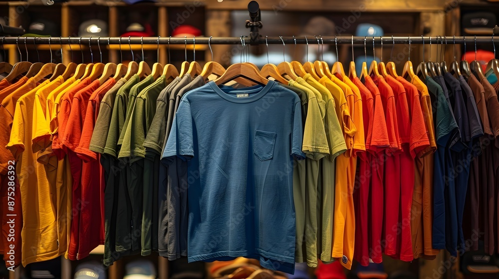 Fototapeta premium Multi-colored T-shirts hanging on hangers in a store