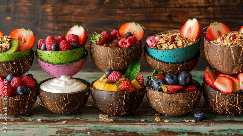 Vibrant Coconut Bowl Smoothie Bowls Arrangement on Rustic Table Healthy Eating and Food Presentation Concept Vibrant Coconut Bowl Smoothie Bowls Arrangement on Rustic Table Healthy Eating and Food Presentation Concept