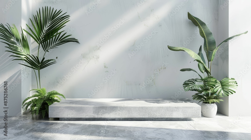 Minimalist summer podium with clean lines and tropical plants, Contemporary, High contrast, Digital photography