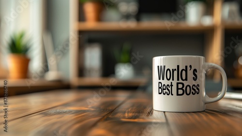 A white mug with World's Best Boss printed on it sits on a wooden table
