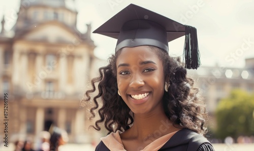 portrait of an attractive smiling African American woman wearing a graduation cap and gown in front of the university building at Paris, in the style of unsplash photography
