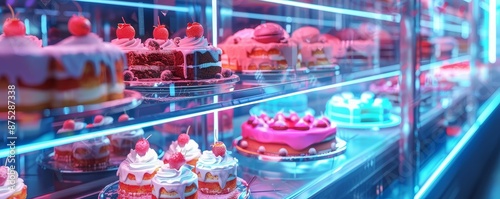 Hightech bakery with neonlit cakes and holographic displays, Scifi, Cool tones, Sharp focus, 3D illustration photo