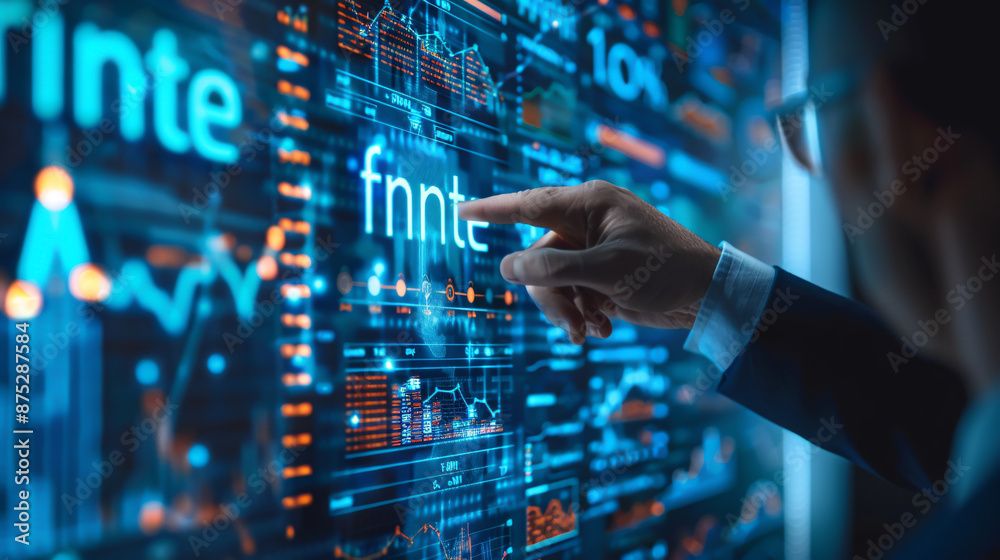 Concept of the future of financial technology, where a businessman selects the word Concept of the future of financial technology, where a businessman selects the word