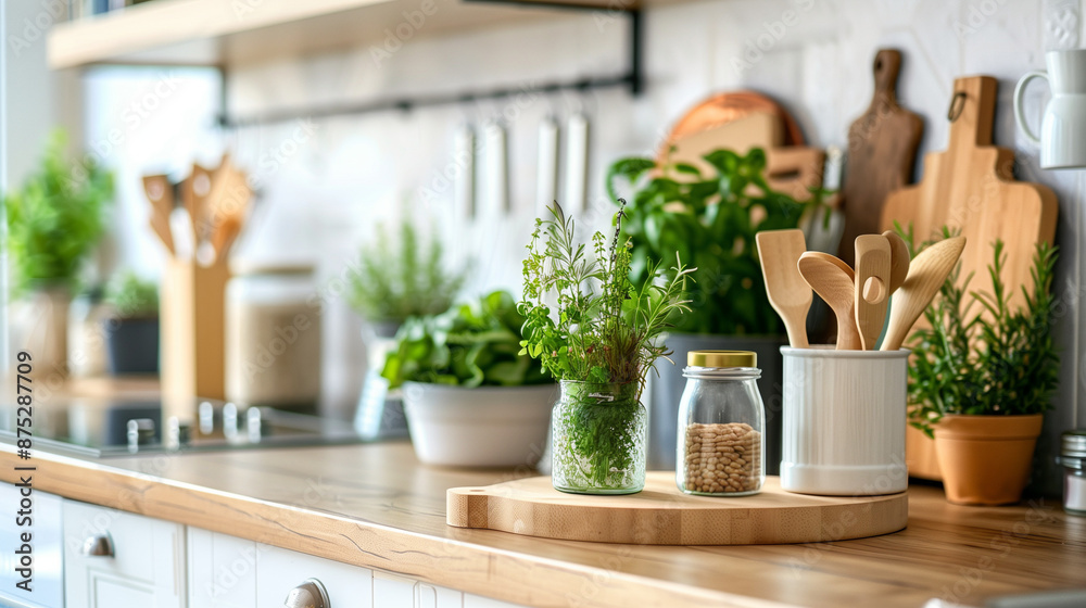 Modern kitchen countertop with eco-friendly utensils and bamboo storage containers Modern kitchen countertop with eco-friendly utensils and bamboo storage containers