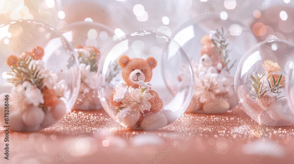 An elegant design with a rose gold glitter background and transparent white balloons, inside each is a teddy bear holding a bouquet of miniature flowers. An elegant design with a rose gold glitter background and transparent white balloons, inside each is a teddy bear holding a bouquet of miniature flowers.
