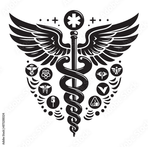 Caduceus health symbol Asclepius silhouette Vector Isolated Vector Illustration