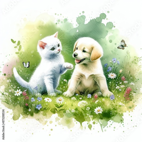 A playful kitten and a happy puppy are sitting in a colorful in a summer meadow surrounded by butterflies