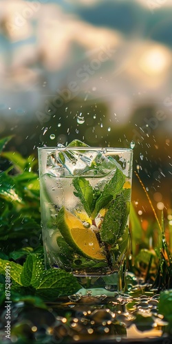 Refreshing Lime Mojito Splashing in Water photo