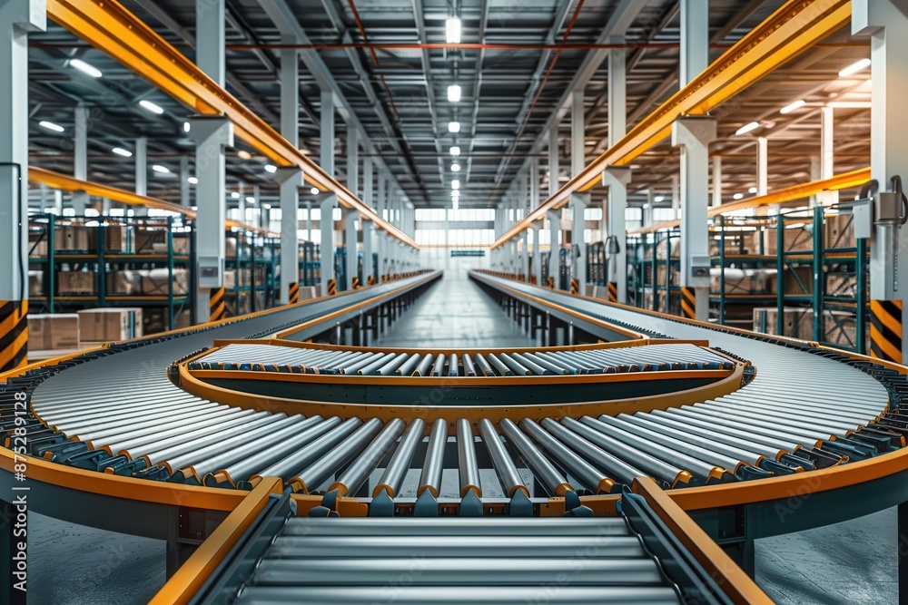 Fototapeta premium Modern logistics center with automated sorting systems and conveyor belts, centers logistics, hightech and efficient operations