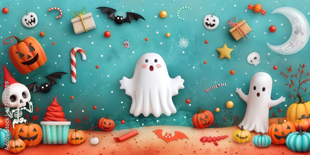 Cute Halloween Illustration with Ghosts and Pumpkins Cute Halloween Illustration with Ghosts and Pumpkins