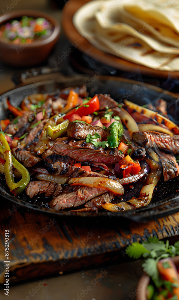 Sizzling Beef Fajitas with Colorful Bell Peppers and Onions on a Skillet Sizzling Beef Fajitas with Colorful Bell Peppers and Onions on a Skillet