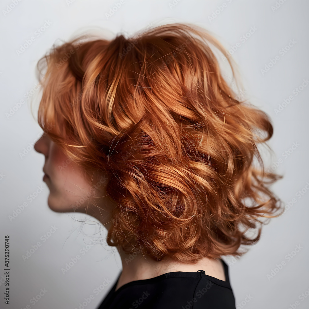 Naklejka premium Vibrant Red Curly Hair Side Profile on Neutral Background