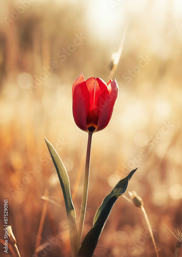 Red tulip blooming in a sunlit field - springtime beauty and vibrant red petals, perfect for nature and garden designs #875290961