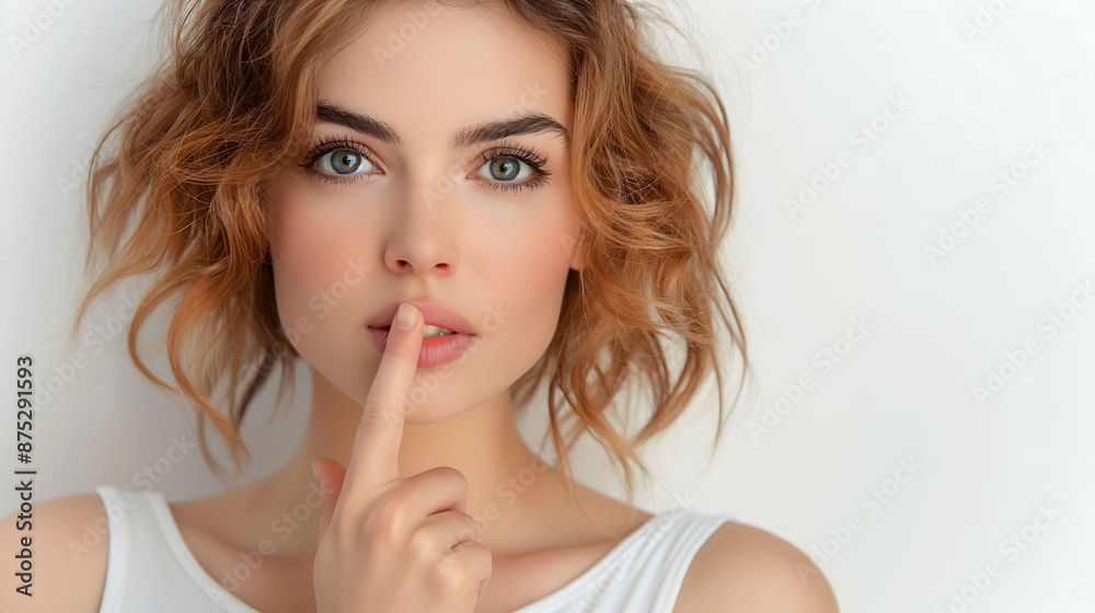 Naklejka premium Woman Gesturing Silence with Finger on Lips on White Background