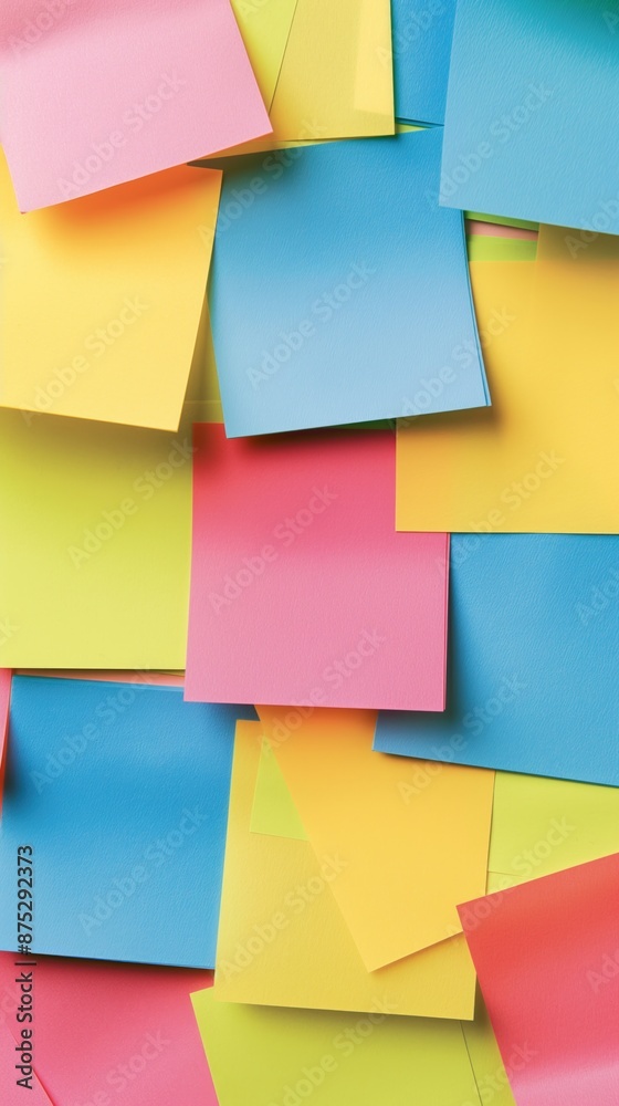 A close-up image of various brightly colored sticky notes, adhered to a surface A close-up image of various brightly colored sticky notes, adhered to a surface