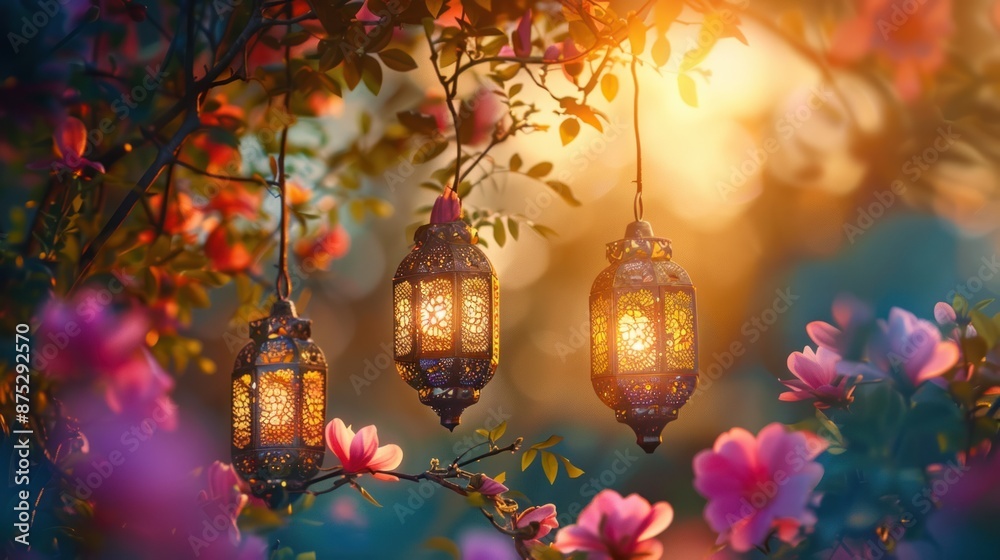Ornamental Lanterns Hanging from Tree Branches