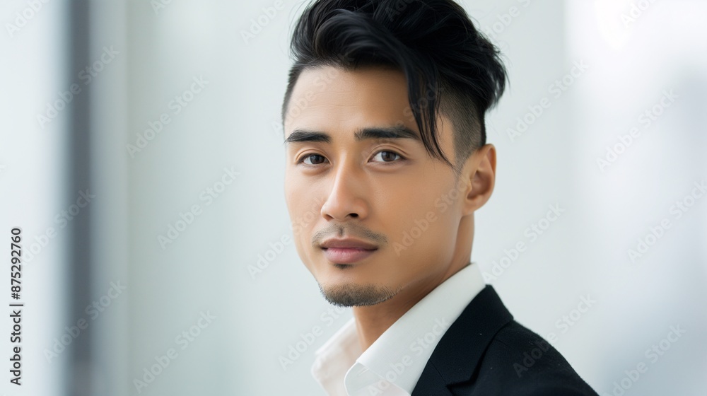 An Asian man with a classic side part hairstyle, looking sharp