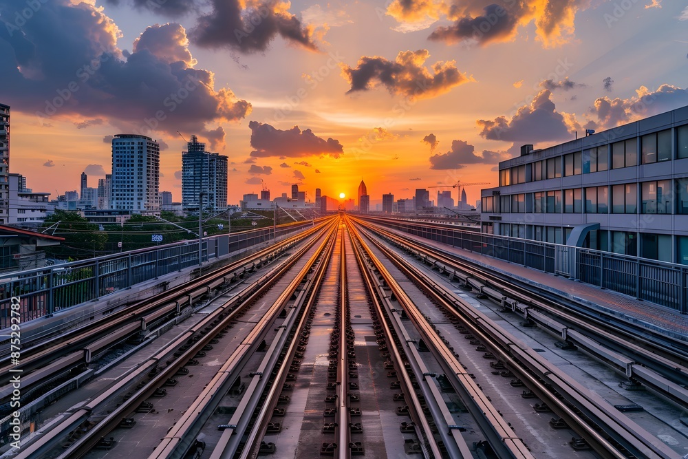 Fototapeta premium A sunset view of a train track with buildings in the background