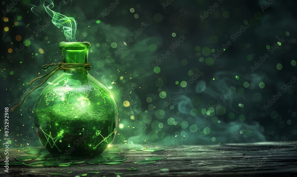 A bubbling potion bottle with glowing green liquid and mystical symbols around, leaving space on the left for a message A bubbling potion bottle with glowing green liquid and mystical symbols around, leaving space on the left for a message