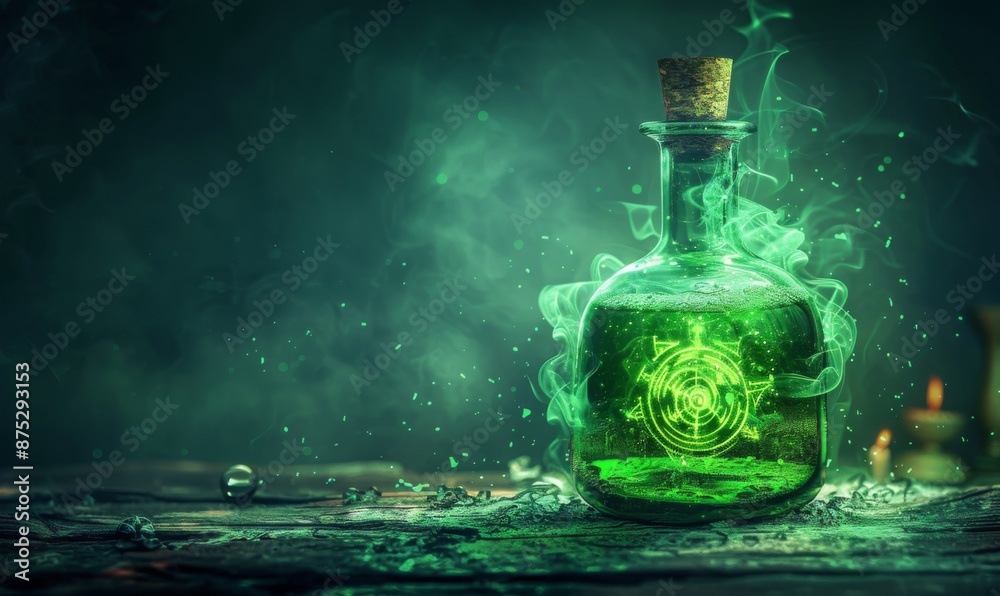 A bubbling potion bottle with glowing green liquid and mystical symbols around, leaving space on the left for a message A bubbling potion bottle with glowing green liquid and mystical symbols around, leaving space on the left for a message