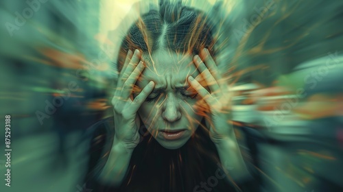 Female stressed and worried with migraine headache pain. Asian Chinese / Caucasian.