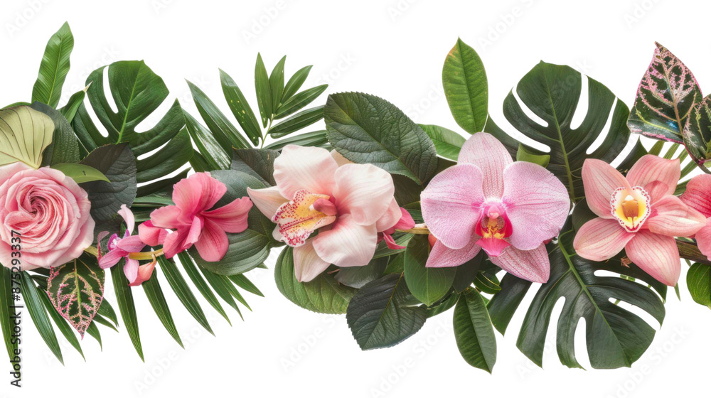 Pink rose, tropical orchid flowers, green leaves floral arrangement on white backdrop. Pink rose, tropical orchid flowers, green leaves floral arrangement on white backdrop.