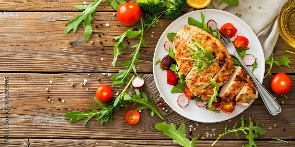 A Nutritious Meal Featuring Fresh Vegetables and Lean Protein on a Wooden Table. Concept Healthy Eating, Fresh Ingredients, Balanced Diet, Nutrient-Rich Foods, Clean Eating A Nutritious Meal Featuring Fresh Vegetables and Lean Protein on a Wooden Table. Concept Healthy Eating, Fresh Ingredients, Balanced Diet, Nutrient-Rich Foods, Clean Eating