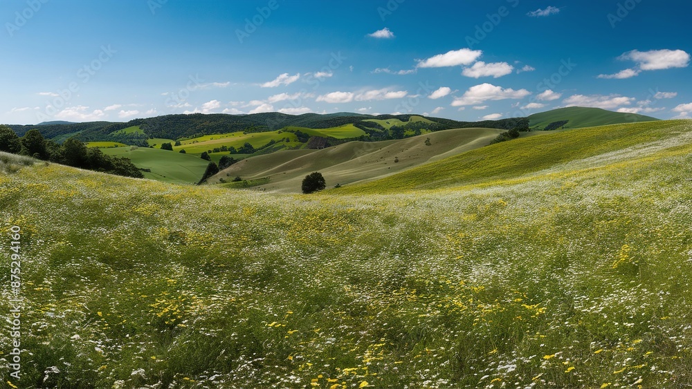 Fototapeta premium Panoramic View of Lush Summer Landscape Background Image 