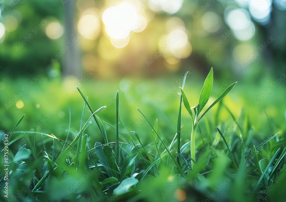 Fototapeta premium Close up of grass blades with bokeh background - fresh green grass in nature