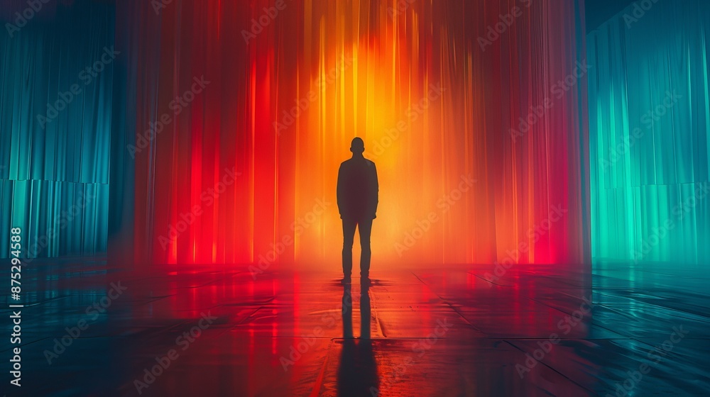 A man stands in a room with red, blue, and green walls A man stands in a room with red, blue, and green walls