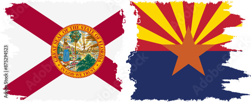 Arizona and Florida states grunge brush flags connection, vector