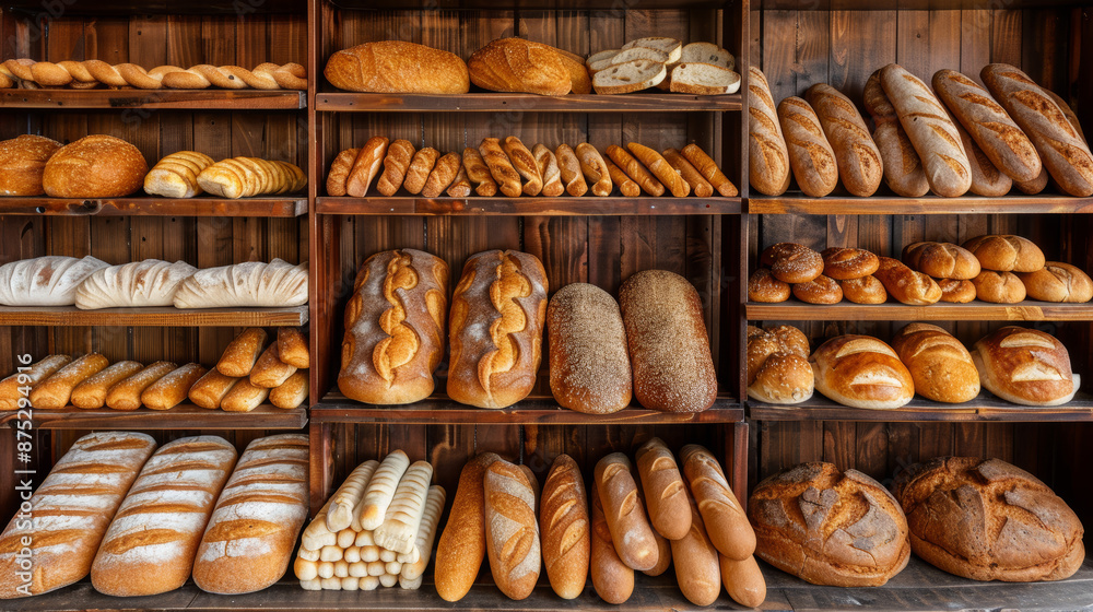 A variety of fresh snacks arranged for sale on a bakery shelf. Interior view of a bakery counter showcasing food on display. A variety of fresh snacks arranged for sale on a bakery shelf. Interior view of a bakery counter showcasing food on display.