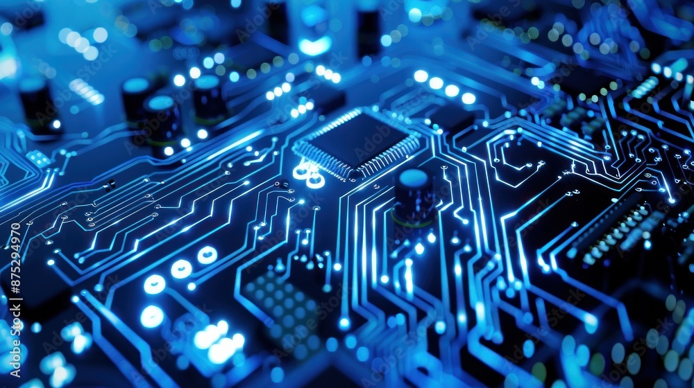 Close Up of a Blue Glowing Circuit Board Close Up of a Blue Glowing Circuit Board