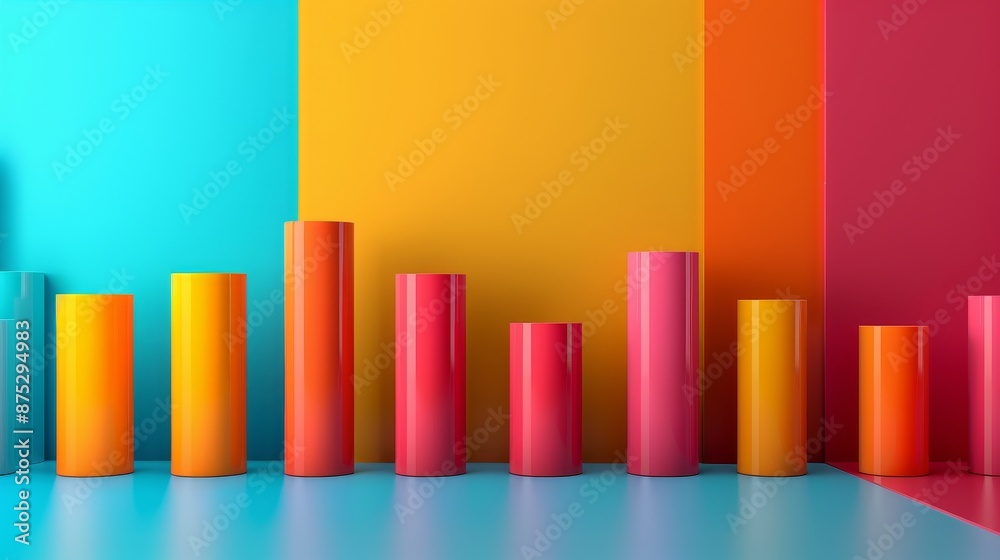 A colorful wall with a row of tall, thin, colorful cylinders A colorful wall with a row of tall, thin, colorful cylinders