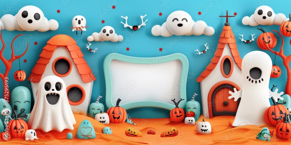 Spooky Halloween Scene with Ghosts, Pumpkins, and a Church Spooky Halloween Scene with Ghosts, Pumpkins, and a Church