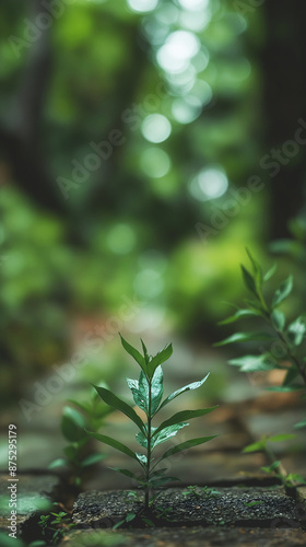 Young plant growing between stones in a lush forest, symbolizing resilience and growth, ideal for environmental and nature concepts