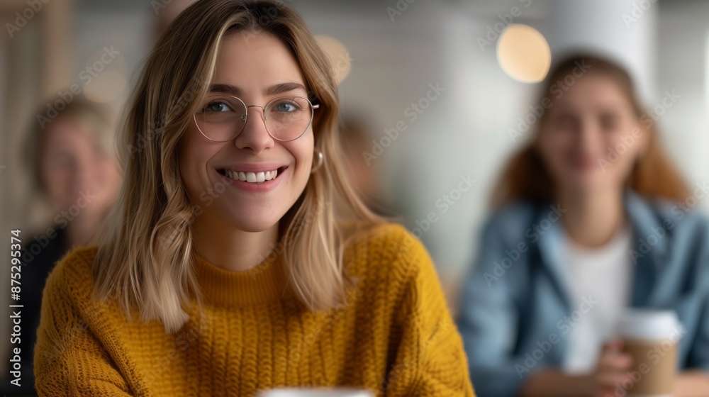 A woman smiles warmly at the camera during a relaxed meeting with her colleagues in a modern office A woman smiles warmly at the camera during a relaxed meeting with her colleagues in a modern office