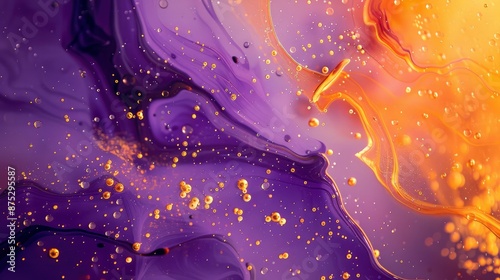 Fototapeta Naklejka Na Ścianę i Meble -  Abstract purple orange liquid paint background with golden splashes and waves. Textured design background. Trendy painting with acrylic or alcohol inks. Liquid marble