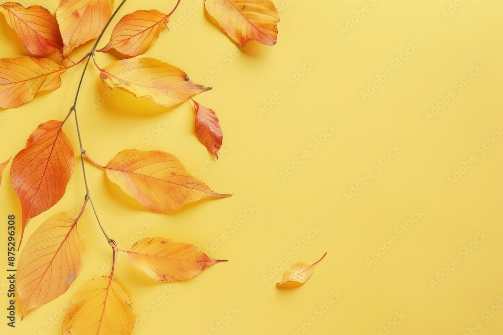 Fototapeta premium Autumn background. Yellow leaves on yellow background, top view flat lay. Creative autumn, fall concept, minimalist style. Place for text