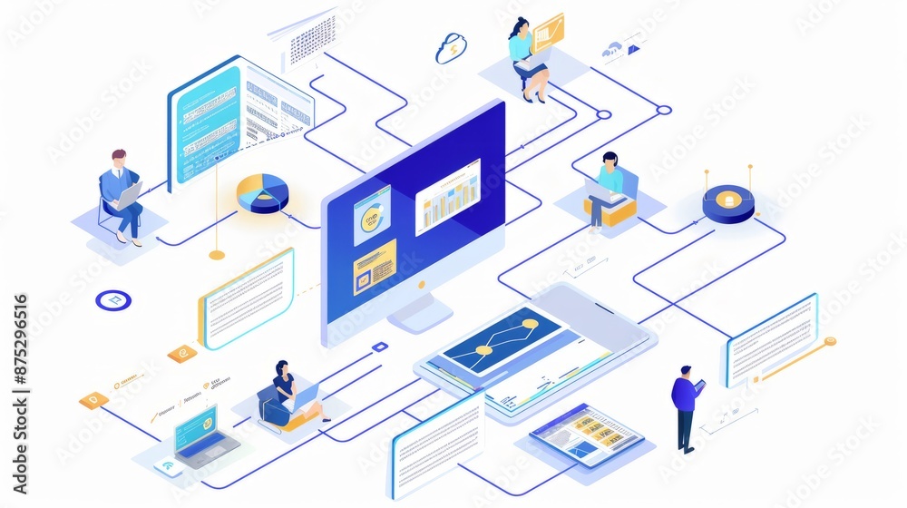 Isometric Business Illustration: Team Collaboration on Digital Platform, Data Analytics and Project Management Concept Isometric Business Illustration: Team Collaboration on Digital Platform, Data Analytics and Project Management Concept