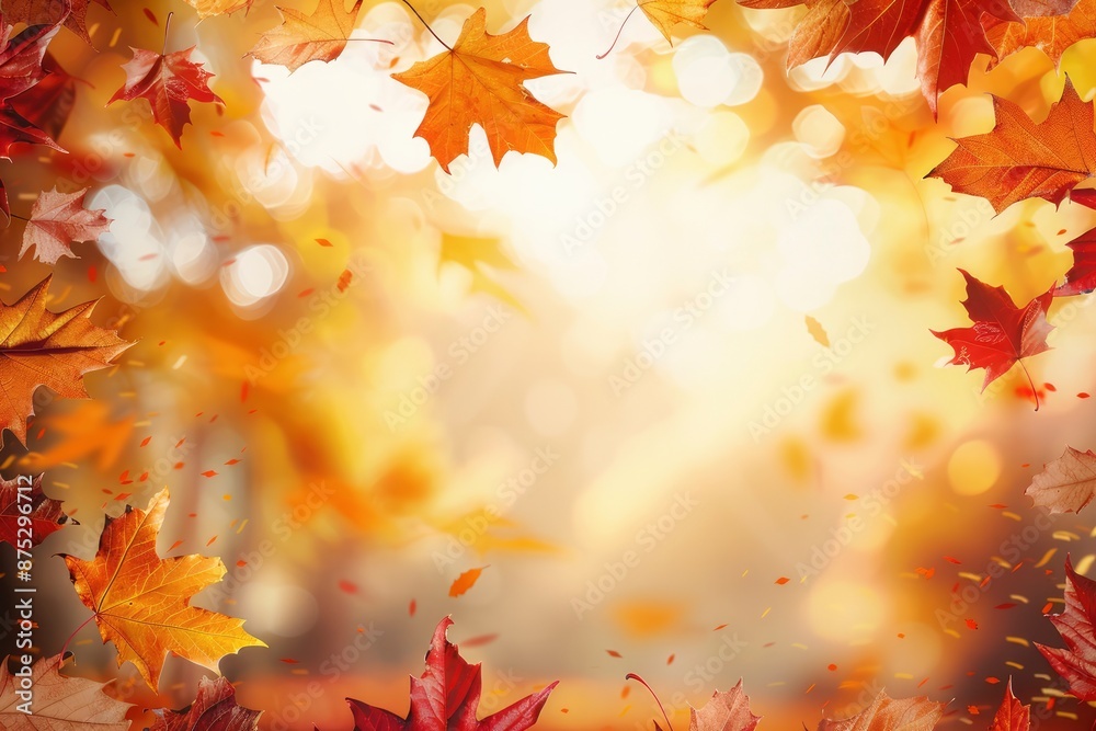Autumn natural background. Frame of yellow orange red leaves with beautiful bokeh. Maple leaves in the park, sunset lighting, space for text Autumn natural background. Frame of yellow orange red leaves with beautiful bokeh. Maple leaves in the park, sunset lighting, space for text