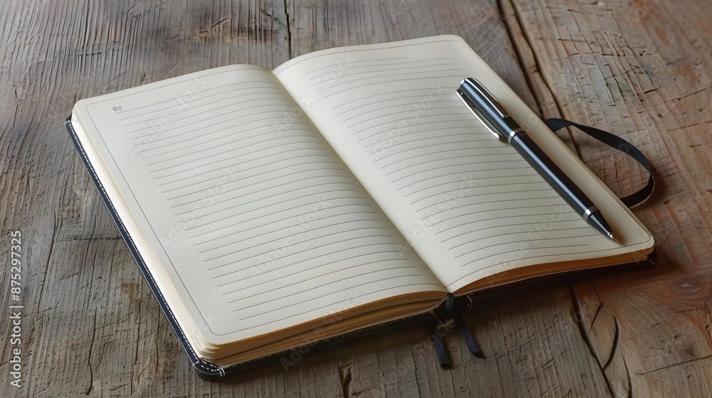 Blank Notebook and Writing Utensils on Wooden Desk in Bright,Detailed Setting Blank Notebook and Writing Utensils on Wooden Desk in Bright,Detailed Setting