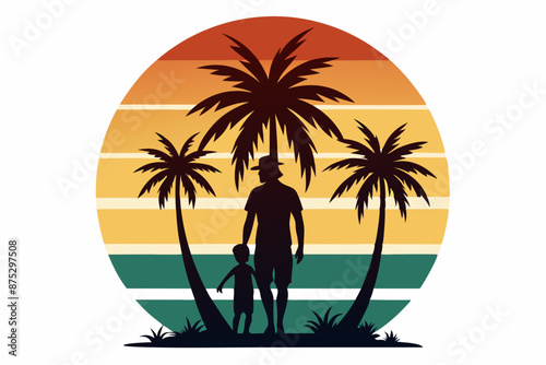Mom and son in the beach silhouette Vector art Retro vintage style sunset, palm tree, vector illustration © Ishraq