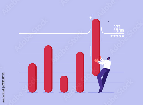 Surpassing business target concept, record breaking sales, earning exceed expectation, businessman making bar graph breaking through record line