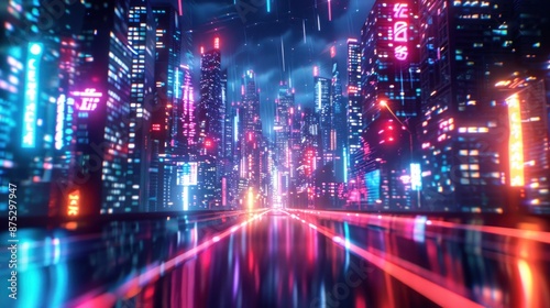 Cyberpunk Cityscape with Neon Lights and Rain