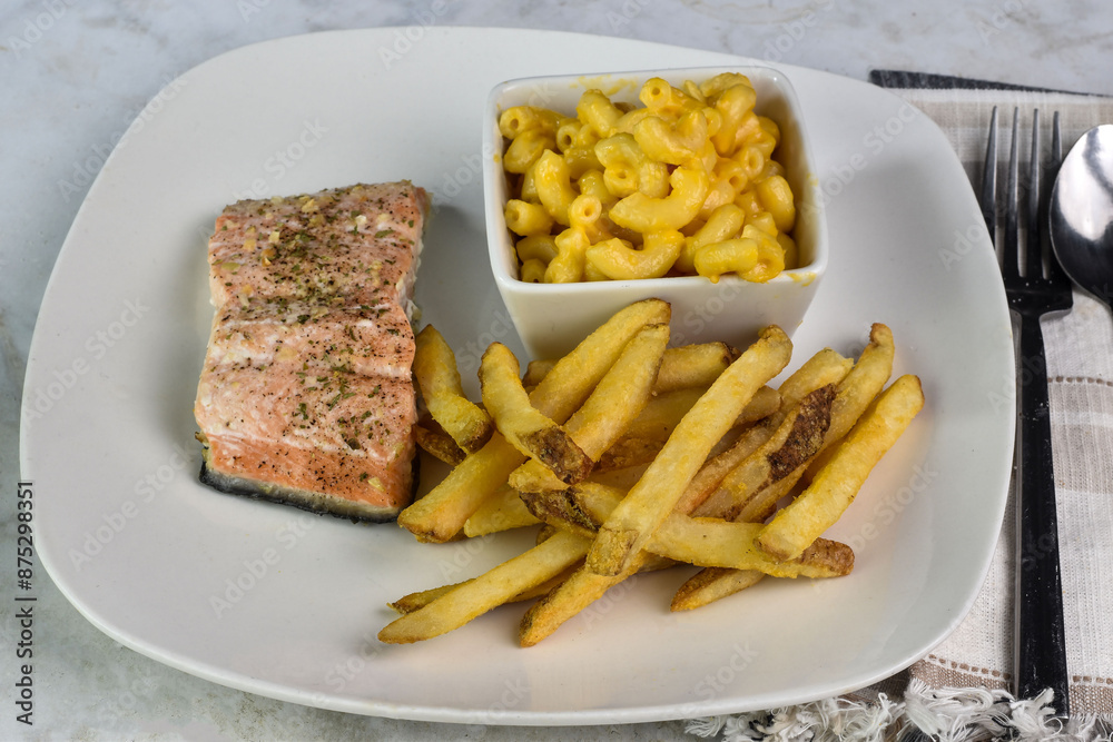 boked salmon with mac and cheese and fries boked salmon with mac and cheese and fries