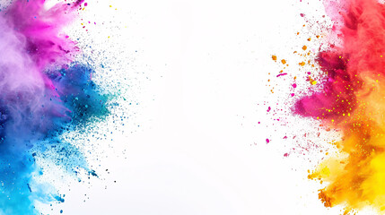 Frame border with a copy space of colorful rainbow Holi paint color powder explosion on a white background.